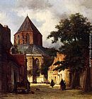 Famous Church Paintings - Figures In The Streets Of A Dutch Town, A Church In The Background